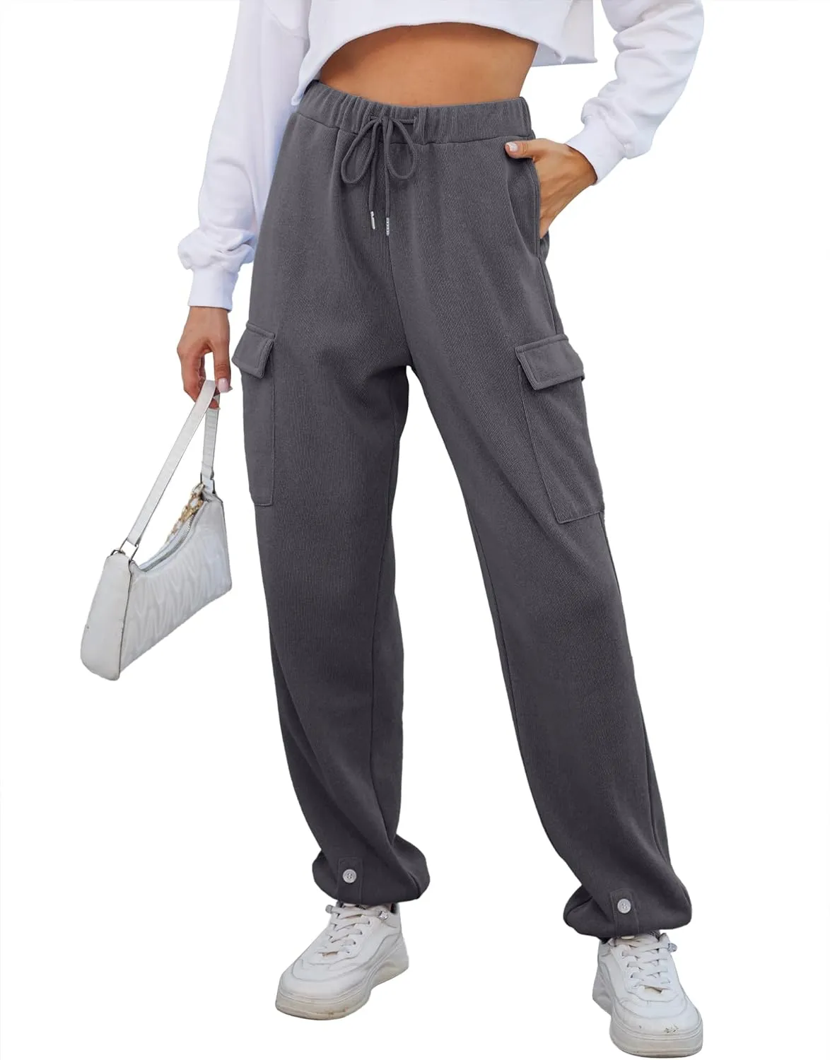 Womens High Waist Cargo Sweatpants Casual Cinch Bottom Jogger Pants Loose Drawstring Tapered Trousers with Pockets