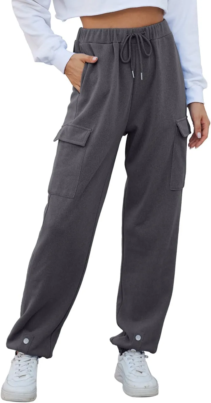 Womens High Waist Cargo Sweatpants Casual Cinch Bottom Jogger Pants Loose Drawstring Tapered Trousers with Pockets