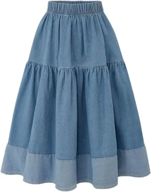 Womens High Waist Denim Skirt Long Skirts Casual Elastic Waisted A Line Bodycon Jeans Skirt