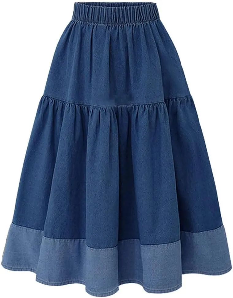 Womens High Waist Denim Skirt Long Skirts Casual Elastic Waisted A Line Bodycon Jeans Skirt