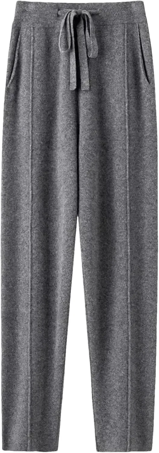 WomenS High Waist Harem Pants Drawstring Closure Regular Fit Casual Solid Color Ankle Length Knitted Cashmere Pants