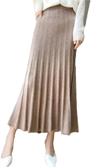 Women's High Waist Pleated Skirt Wool Midi Skirt Thick A-Line Ladies Autumn