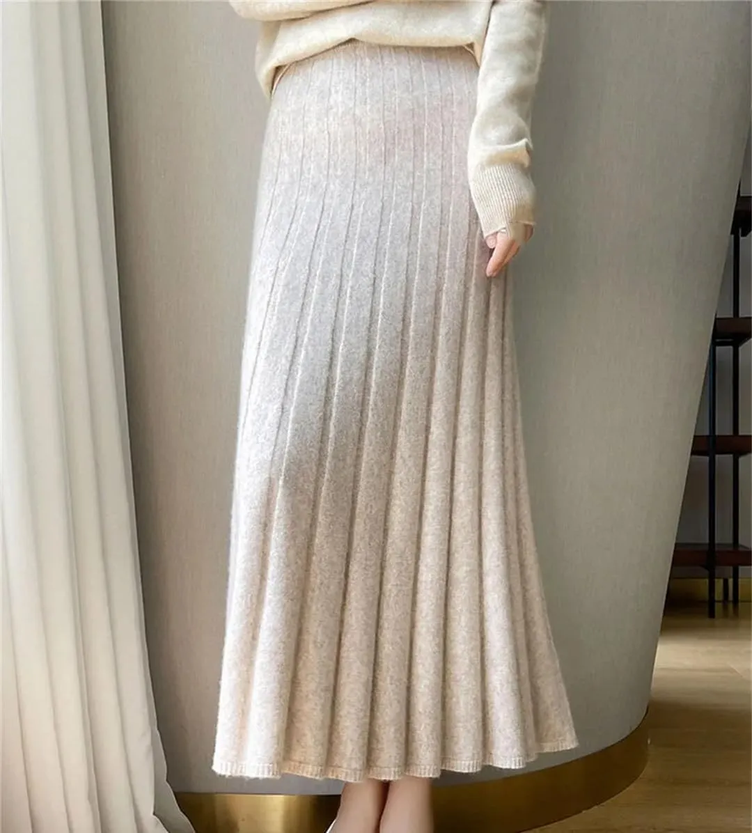 Women's High Waist Pleated Skirt Wool Midi Skirt Thick A-Line Ladies Autumn