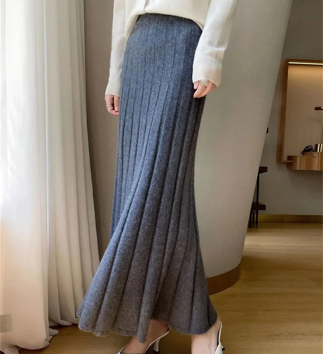 Women's High Waist Pleated Skirt Wool Midi Skirt Thick A-Line Ladies Autumn