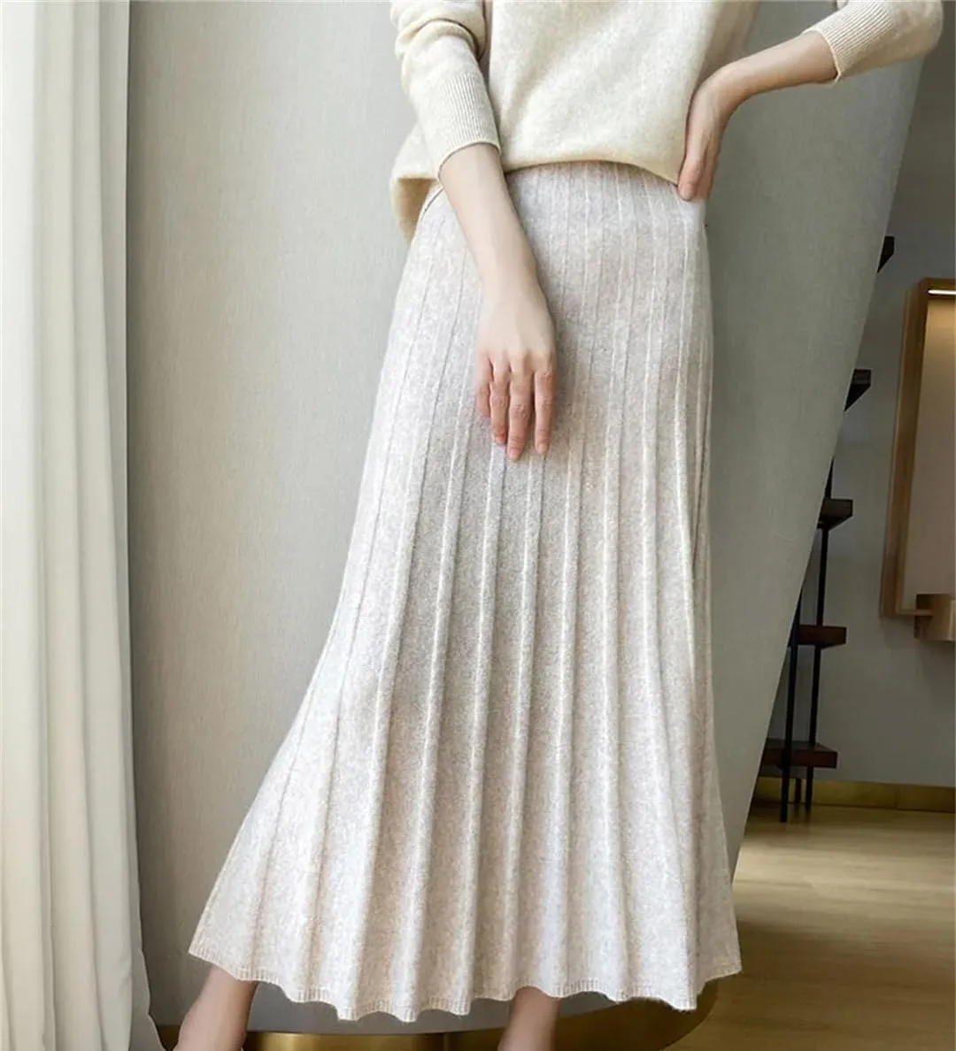 Women's High Waist Pleated Skirt Wool Midi Skirt Thick A-Line Ladies Autumn