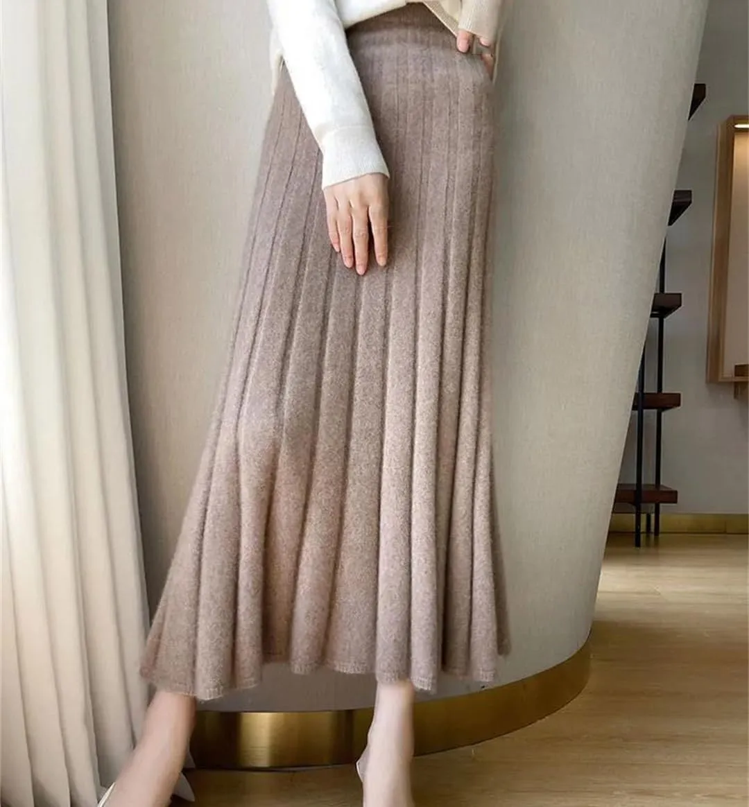 Women's High Waist Pleated Skirt Wool Midi Skirt Thick A-Line Ladies Autumn