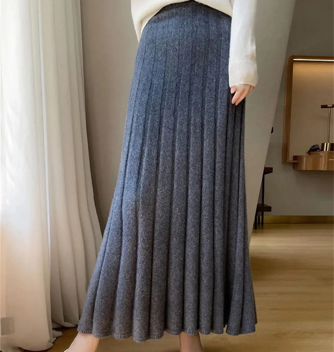 Women's High Waist Pleated Skirt Wool Midi Skirt Thick A-Line Ladies Autumn