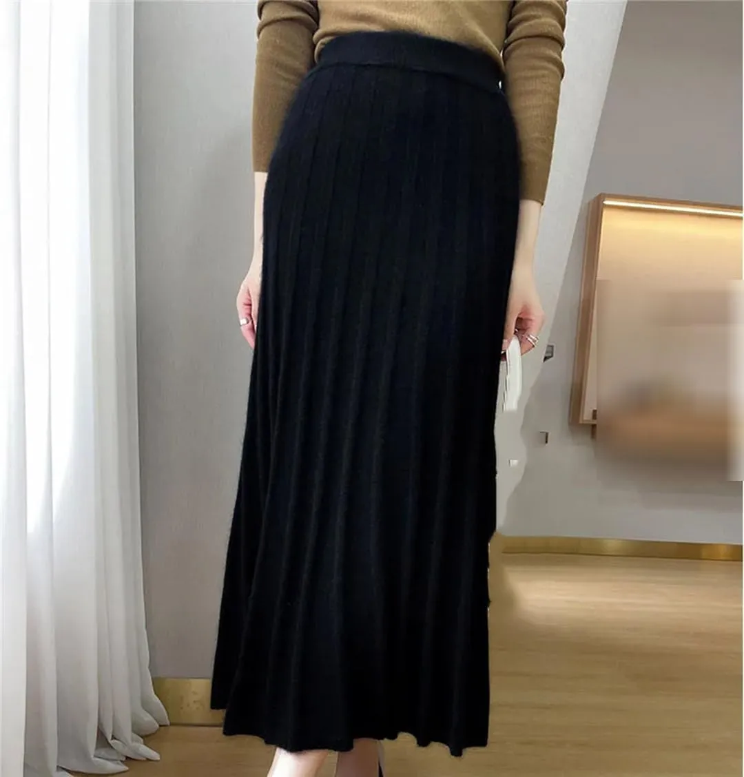 Women's High Waist Pleated Skirt Wool Midi Skirt Thick A-Line Ladies Autumn