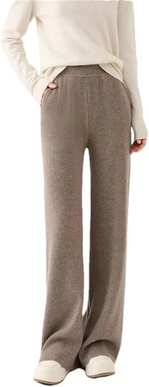 Women's High Waist Wide Leg Pants 100 Percent Wool Pants Winter Casual Loose Floor Trousers