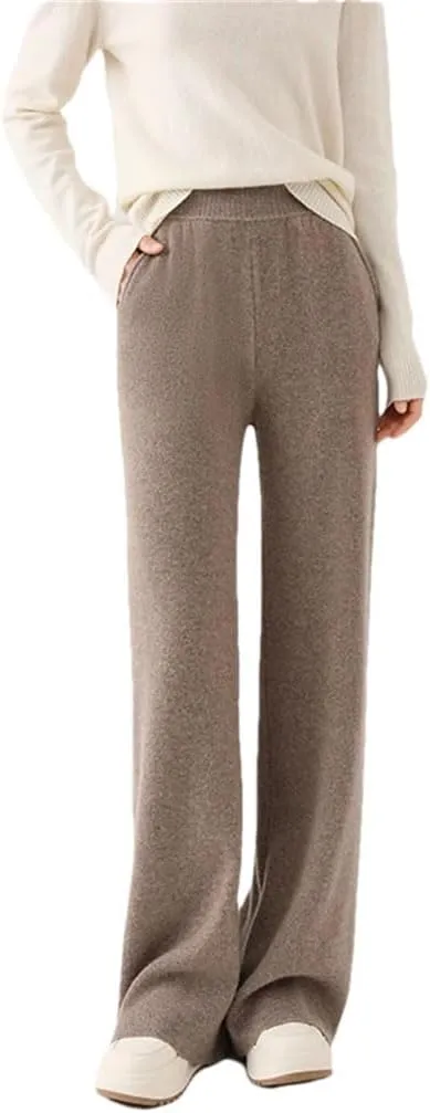 Women's High Waist Wide Leg Pants 100 Percent Wool Pants Winter Casual Loose Floor Trousers