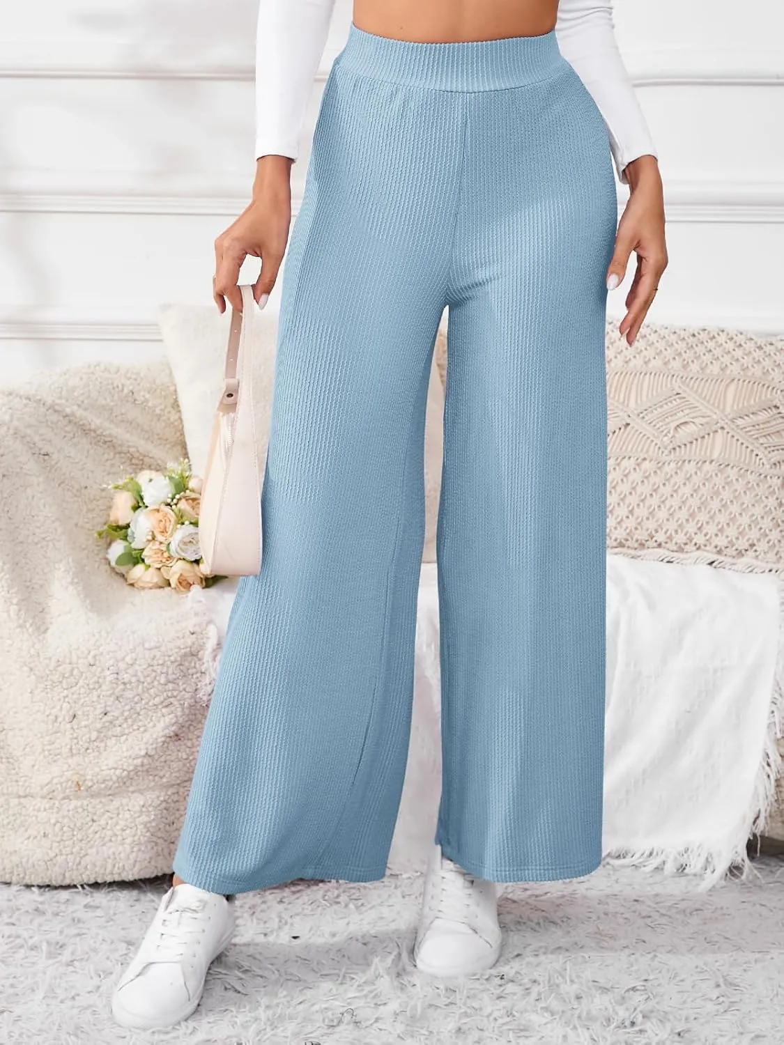 Women's High Waisted Drawstring Waist Wide Leg Solid Color Pants Sweatpants Casual Loose Yoga Pants with Pockets