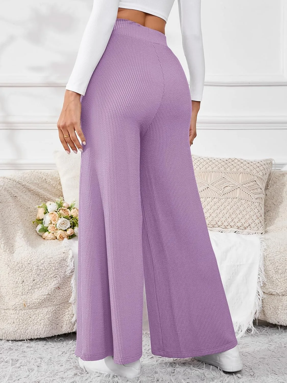 Women's High Waisted Drawstring Waist Wide Leg Solid Color Pants Sweatpants Casual Loose Yoga Pants with Pockets