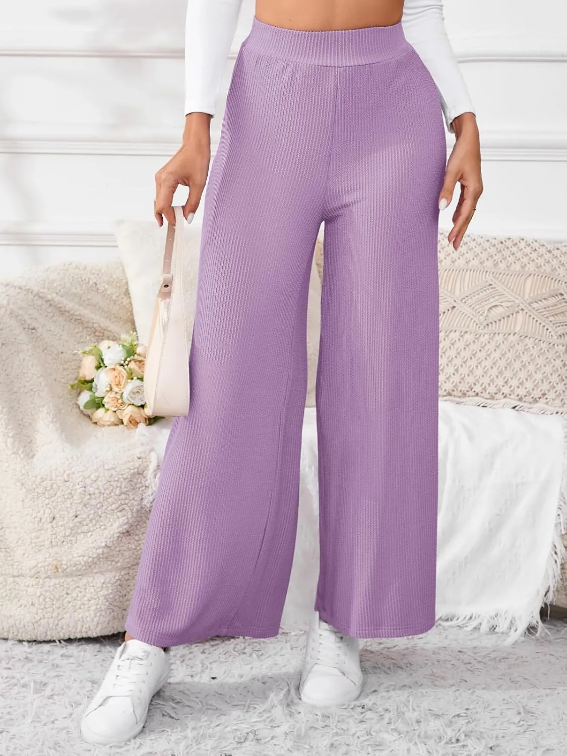 Women's High Waisted Drawstring Waist Wide Leg Solid Color Pants Sweatpants Casual Loose Yoga Pants with Pockets