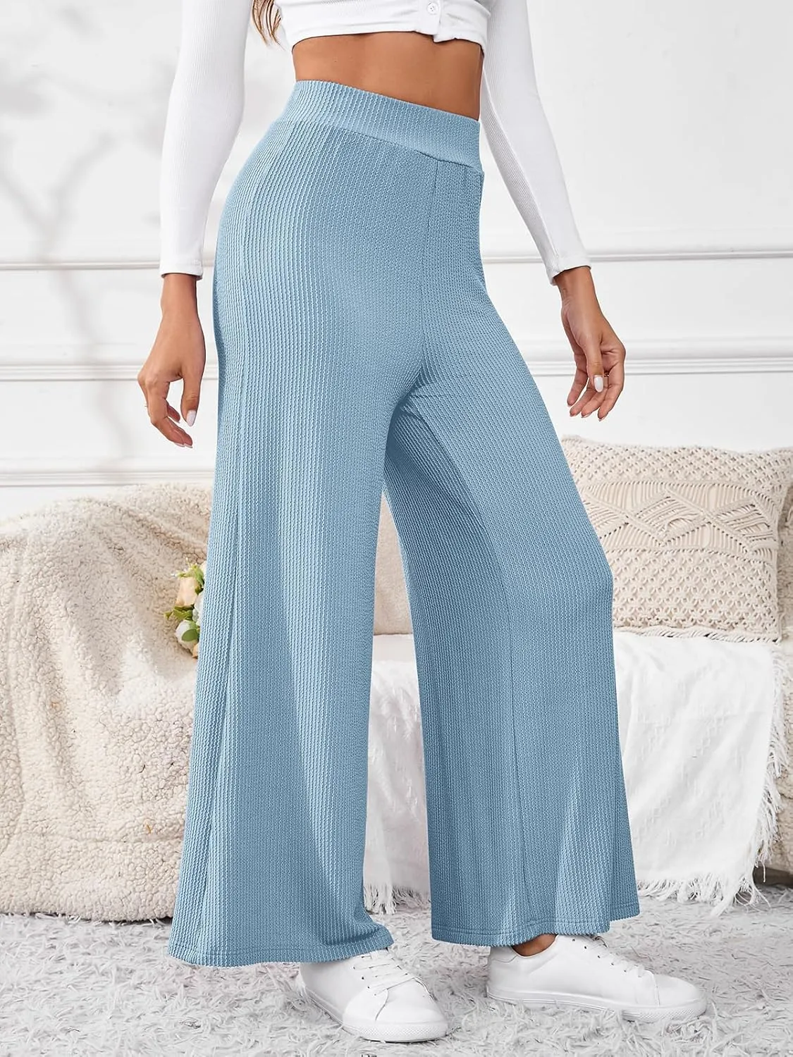 Women's High Waisted Drawstring Waist Wide Leg Solid Color Pants Sweatpants Casual Loose Yoga Pants with Pockets