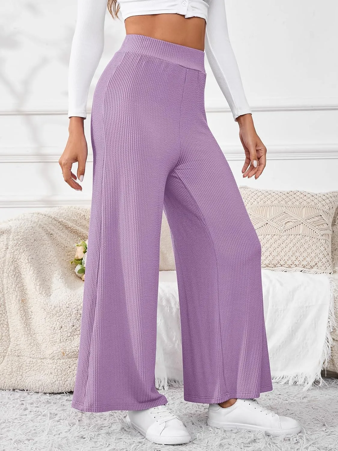Women's High Waisted Drawstring Waist Wide Leg Solid Color Pants Sweatpants Casual Loose Yoga Pants with Pockets