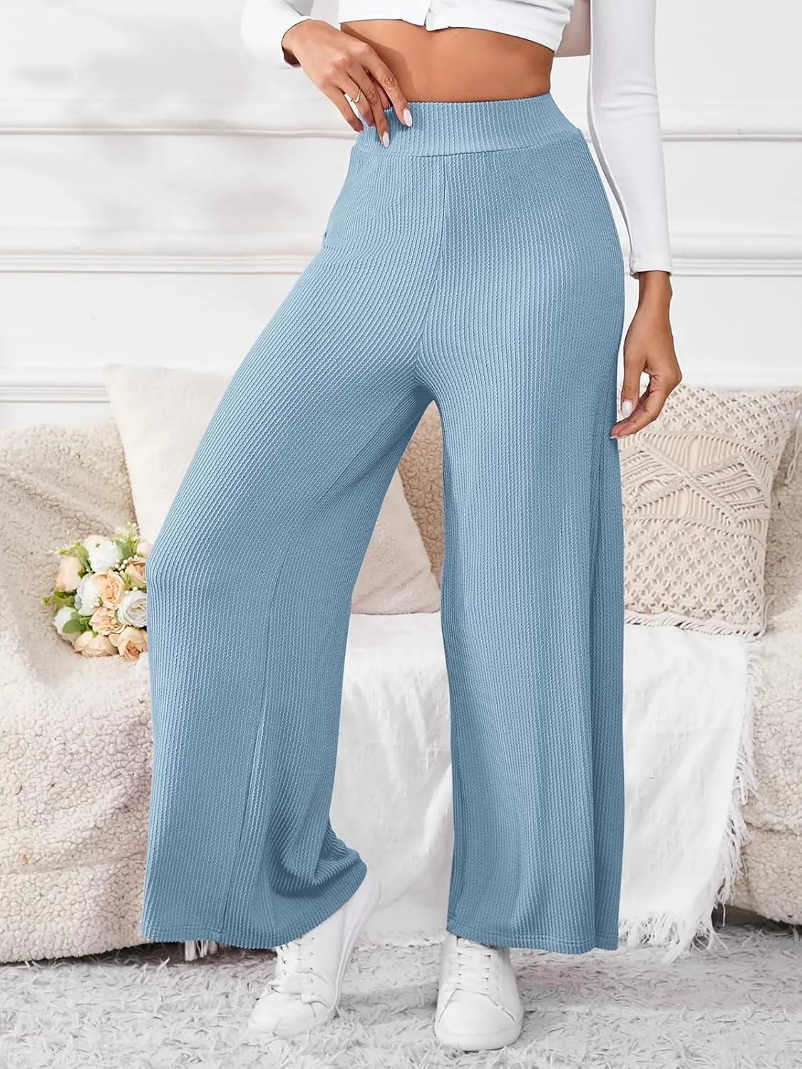 Women's High Waisted Drawstring Waist Wide Leg Solid Color Pants Sweatpants Casual Loose Yoga Pants with Pockets