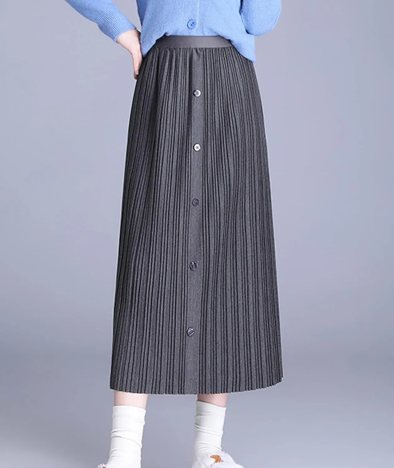 Womens High Waisted Midi Skirt Trendy Elastic Waist Pleated Skirts for Winter Fall