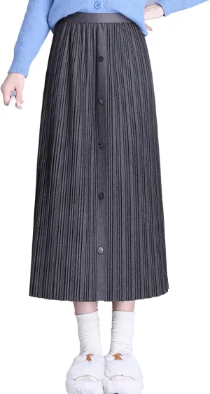 Womens High Waisted Midi Skirt Trendy Elastic Waist Pleated Skirts for Winter Fall