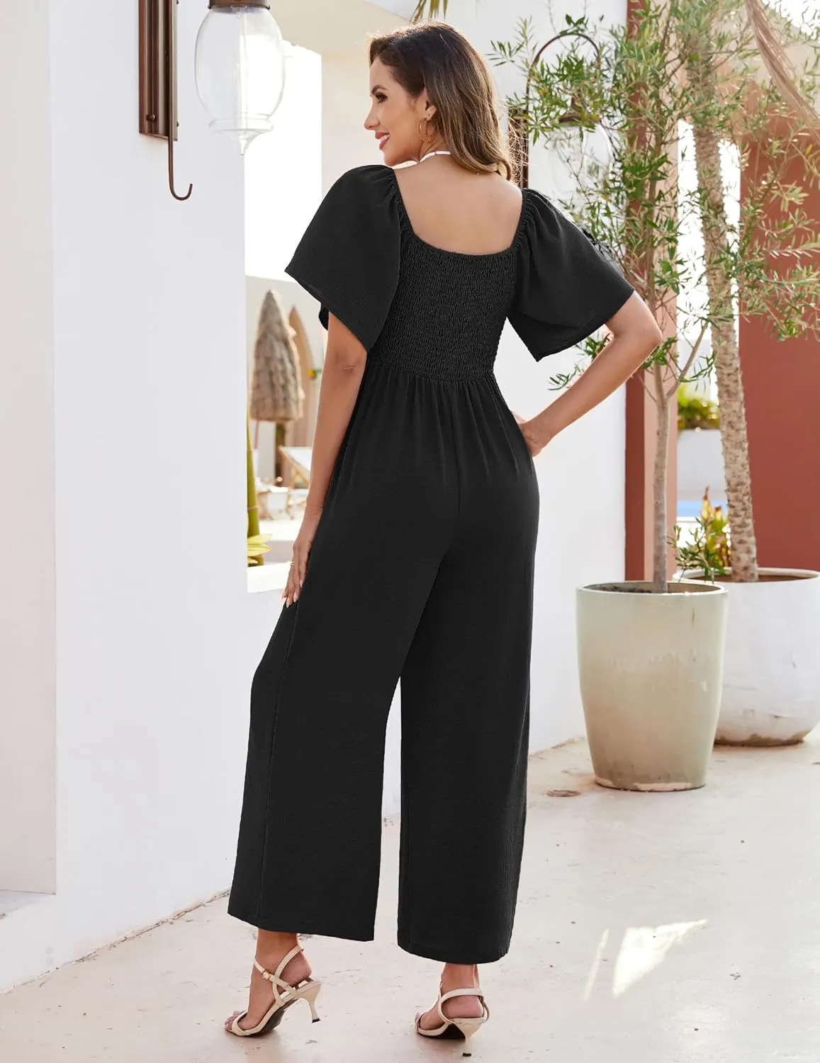 Womens Jumpsuits Dressy Casual Spring Summer Deep V Neck Elegant Bow tie Romper Ruffle Sleeve One Piece Outfits