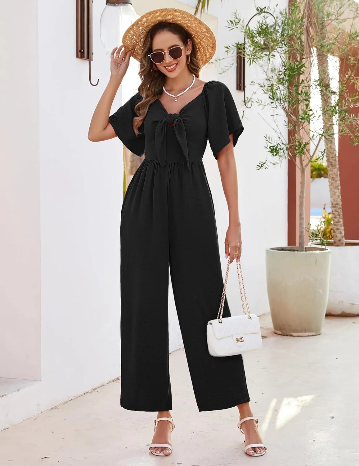 Womens Jumpsuits Dressy Casual Spring Summer Deep V Neck Elegant Bow tie Romper Ruffle Sleeve One Piece Outfits