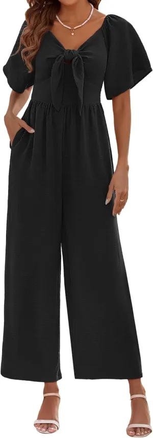 Womens Jumpsuits Dressy Casual Spring Summer Deep V Neck Elegant Bow tie Romper Ruffle Sleeve One Piece Outfits