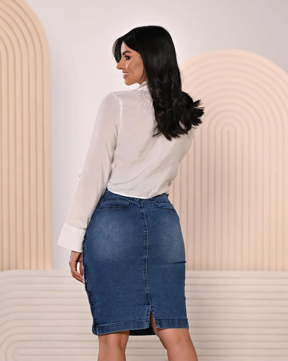 Women's Knee Length Denim Skirt High Stretch Regular and Plus Size