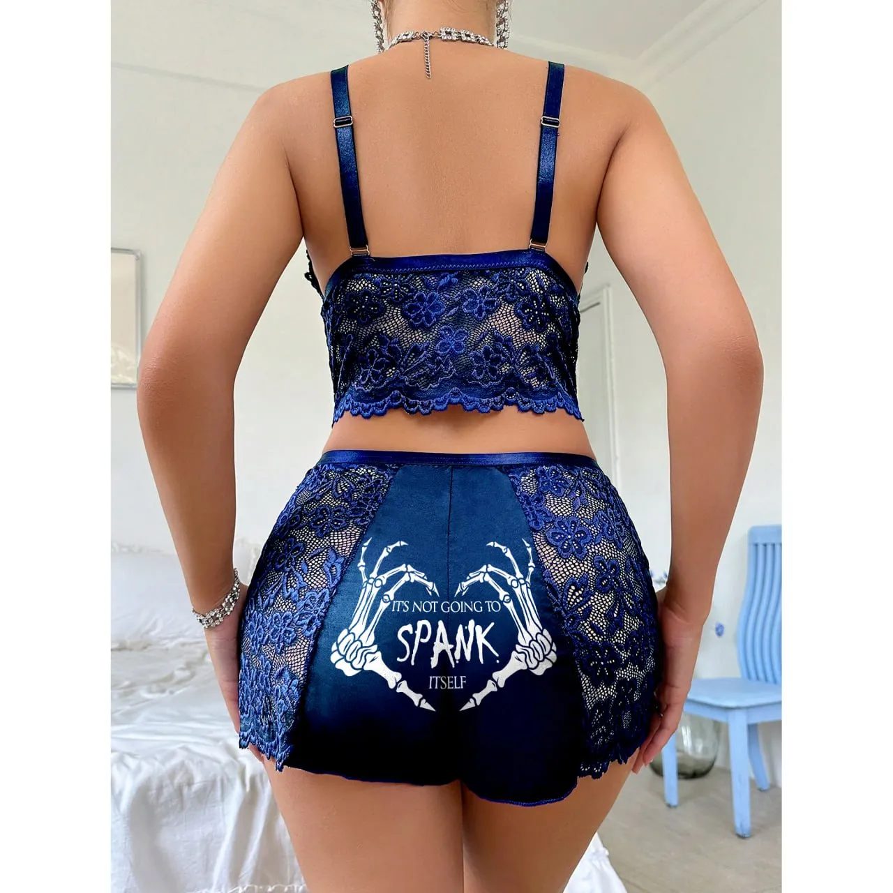 Women's Lace Pajama Set, Naughty Blue Floral 2 Piece Lingerie Nightwear Set