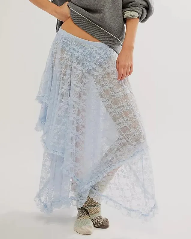 Womens Lace Ruffle Courtship Half Slip Elastic Waist Asymmetrical Hemline Midi Skirts Semi Sheer Layered Maxi Skirts