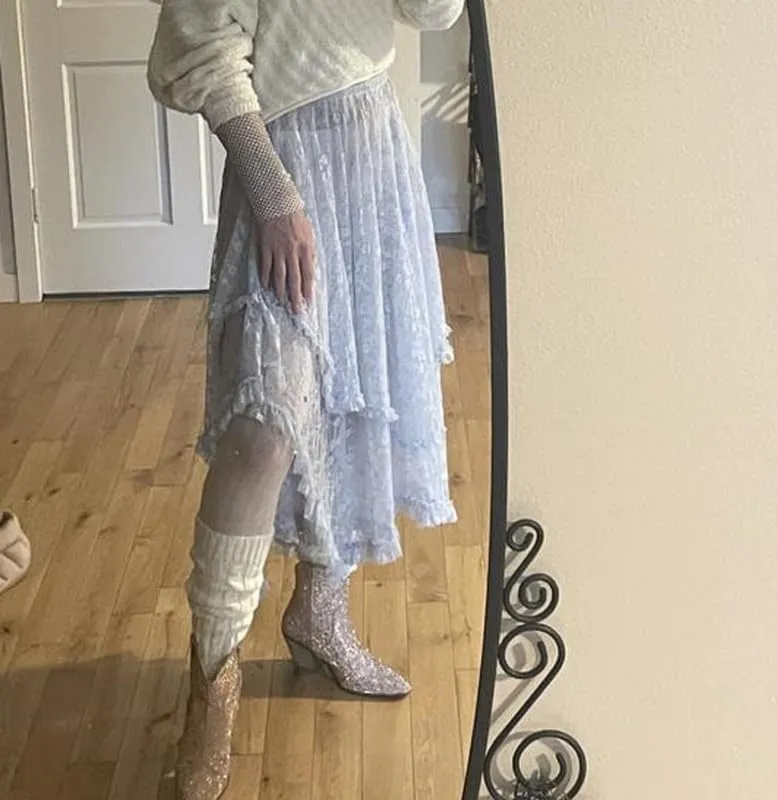 Womens Lace Ruffle Courtship Half Slip Elastic Waist Asymmetrical Hemline Midi Skirts Semi Sheer Layered Maxi Skirts