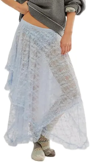 Womens Lace Ruffle Courtship Half Slip Elastic Waist Asymmetrical Hemline Midi Skirts Semi Sheer Layered Maxi Skirts