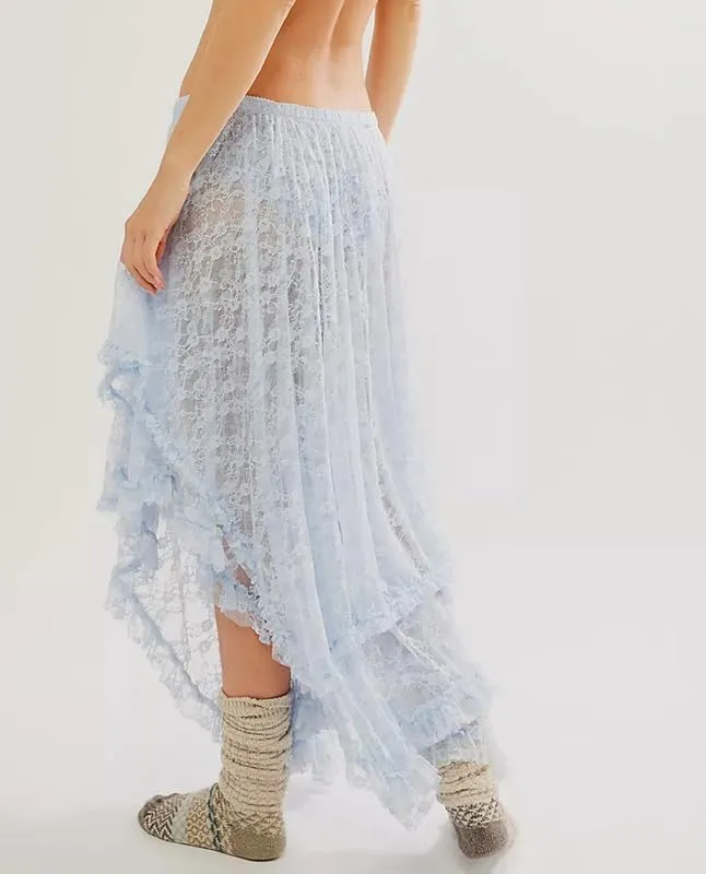 Womens Lace Ruffle Courtship Half Slip Elastic Waist Asymmetrical Hemline Midi Skirts Semi Sheer Layered Maxi Skirts