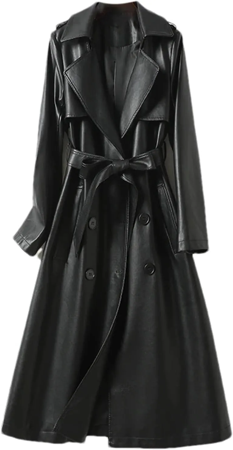 Women's Lambskin Leather Trench Coat - Double-Breasted Winter Mid-Length Real Lambskin Leather Coats With Belt