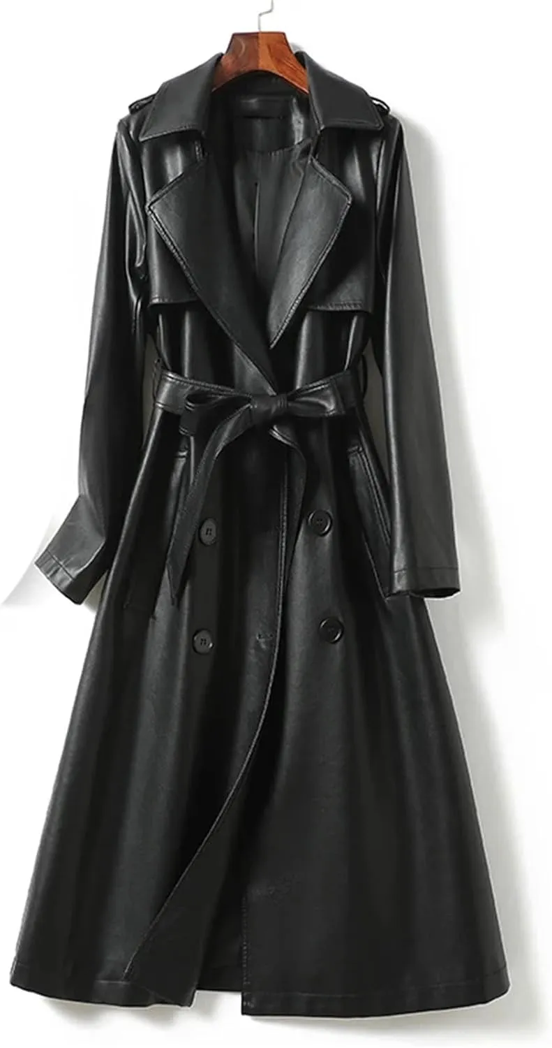 Women's Lambskin Leather Trench Coat - Double-Breasted Winter Mid-Length Real Lambskin Leather Coats With Belt