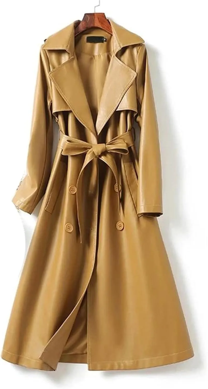 Women's Lambskin Leather Trench Coat - Double-Breasted Winter Mid-Length Real Lambskin Leather Coats With Belt