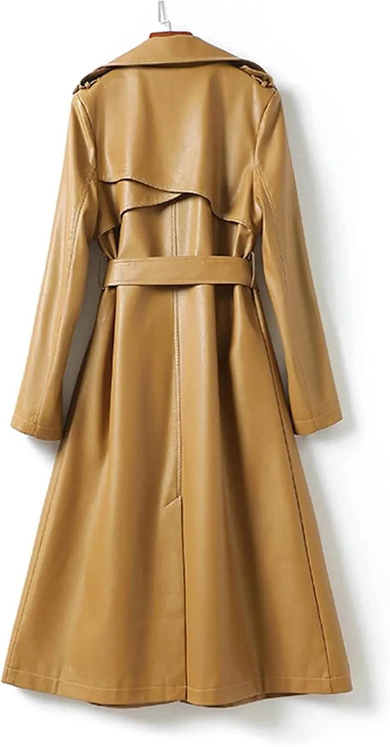 Women's Lambskin Leather Trench Coat - Double-Breasted Winter Mid-Length Real Lambskin Leather Coats With Belt