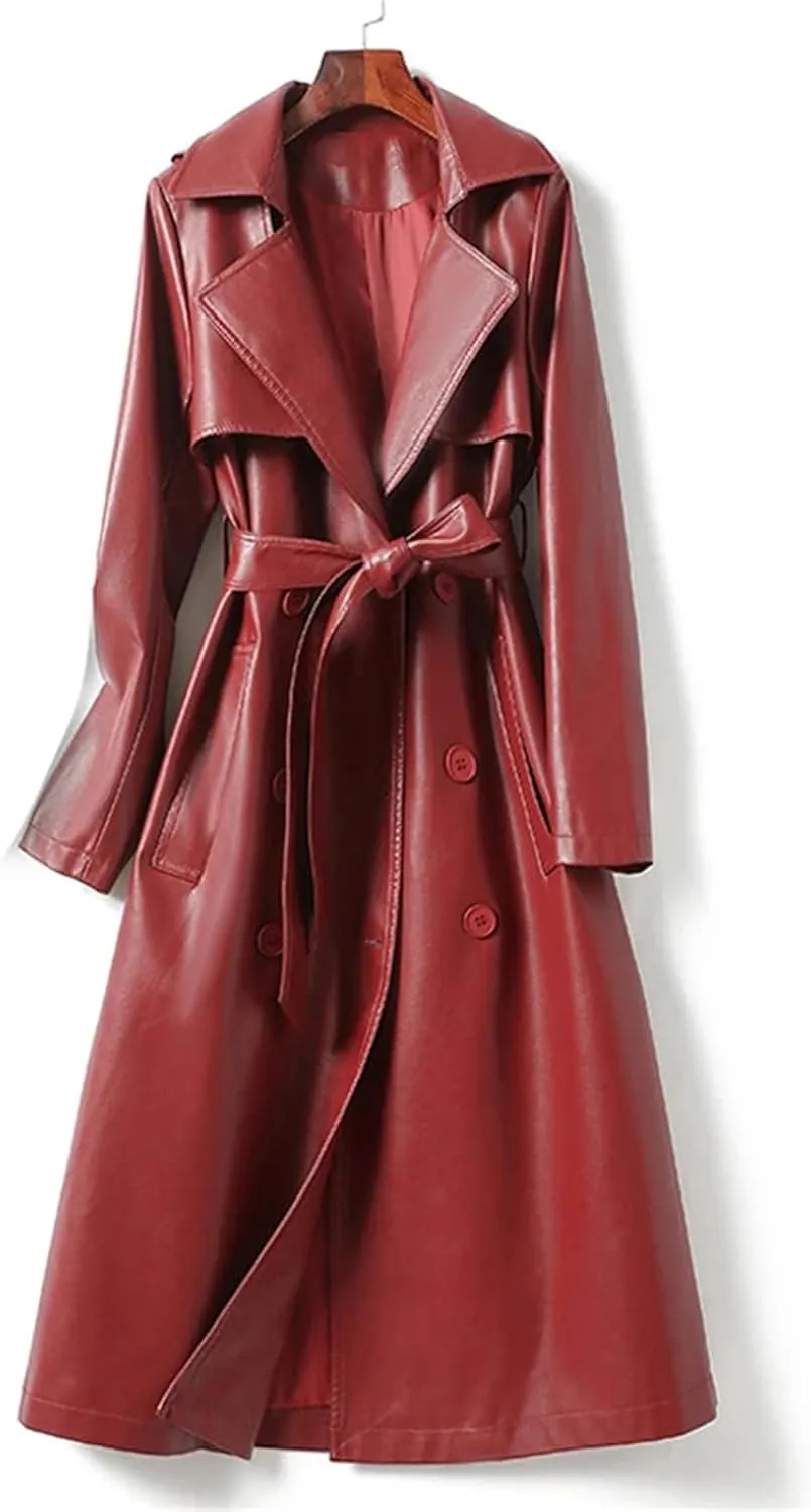 Women's Lambskin Leather Trench Coat - Double-Breasted Winter Mid-Length Real Lambskin Leather Coats With Belt