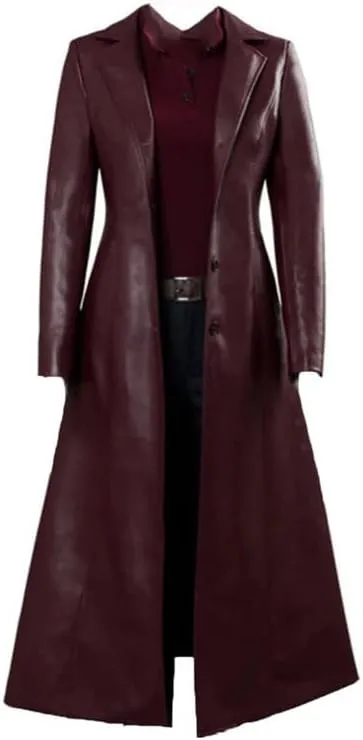 Womens Leather Trench Coat Ladies PU Leather Maxi Coat Lapel Faux Leather Long Trench Coat