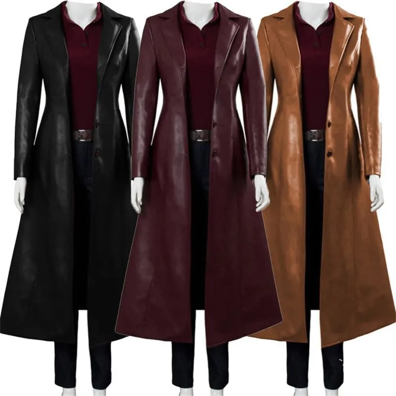 Womens Leather Trench Coat Ladies PU Leather Maxi Coat Lapel Faux Leather Long Trench Coat
