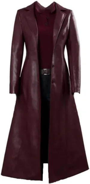 Womens Leather Trench Coat Ladies PU Leather Maxi Coat Lapel Faux Leather Long Trench Coat