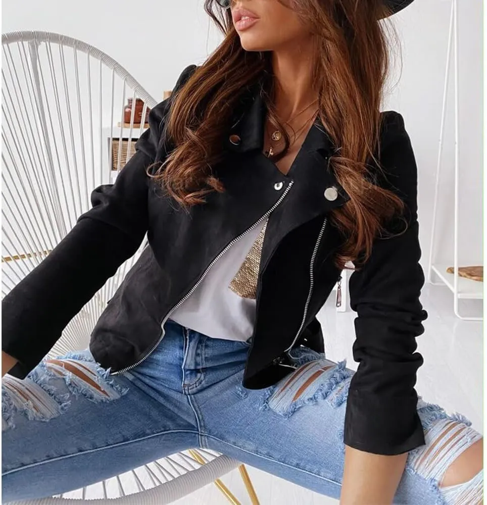 Women's Light Jackets Faux Leather Suede Jackets for Lady Fall Casual Trendy Zipper Cropped bomber Coat Outwear