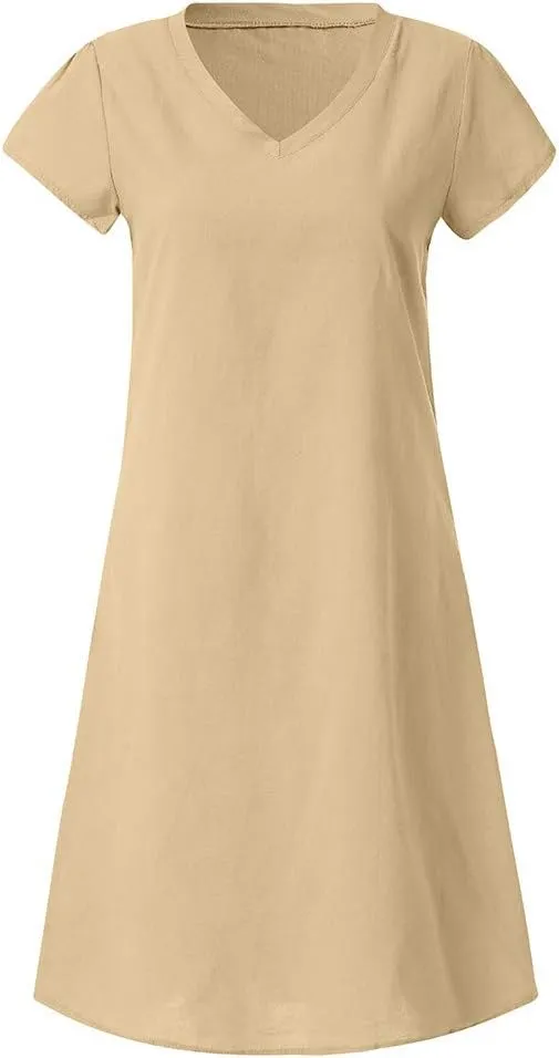 Womens Linen Short Sleeve Midi Dress V Neck Baggy Plus Size Summer Casual Flowy Loose Fit Vacation Long Dress