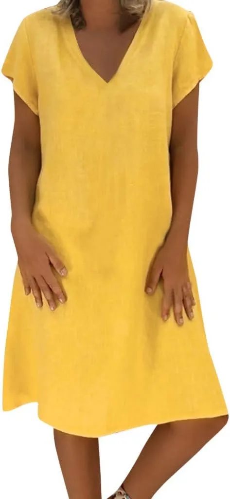 Womens Linen Short Sleeve Midi Dress V Neck Baggy Plus Size Summer Casual Flowy Loose Fit Vacation Long Dress