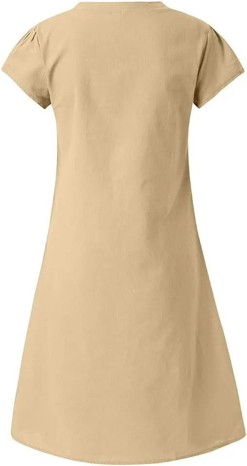 Womens Linen Short Sleeve Midi Dress V Neck Baggy Plus Size Summer Casual Flowy Loose Fit Vacation Long Dress