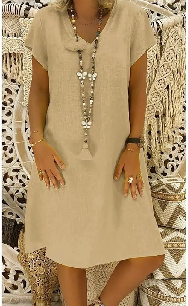 Womens Linen Short Sleeve Midi Dress V Neck Baggy Plus Size Summer Casual Flowy Loose Fit Vacation Long Dress