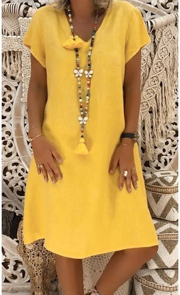 Womens Linen Short Sleeve Midi Dress V Neck Baggy Plus Size Summer Casual Flowy Loose Fit Vacation Long Dress
