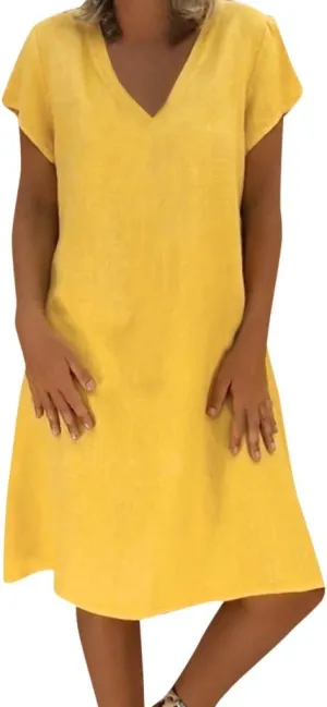 Womens Linen Short Sleeve Midi Dress V Neck Baggy Plus Size Summer Casual Flowy Loose Fit Vacation Long Dress