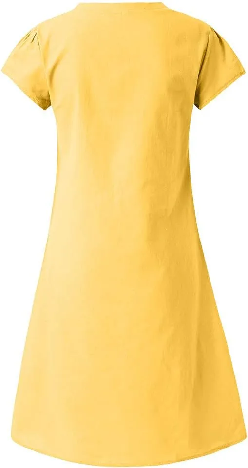 Womens Linen Short Sleeve Midi Dress V Neck Baggy Plus Size Summer Casual Flowy Loose Fit Vacation Long Dress