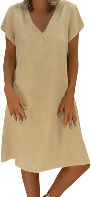 Womens Linen Short Sleeve Midi Dress V Neck Baggy Plus Size Summer Casual Flowy Loose Fit Vacation Long Dress