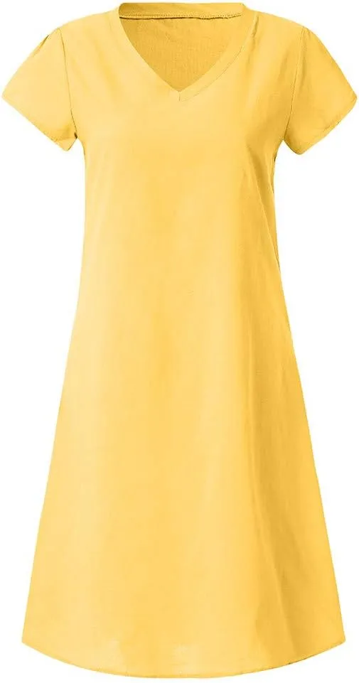 Womens Linen Short Sleeve Midi Dress V Neck Baggy Plus Size Summer Casual Flowy Loose Fit Vacation Long Dress