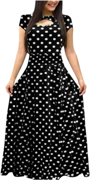 Womens Long & Short Sleeve Maxi Dress Floral Boho Print Casual Crewneck Tunic Dress Long High Waist Elastic Beach Dress
